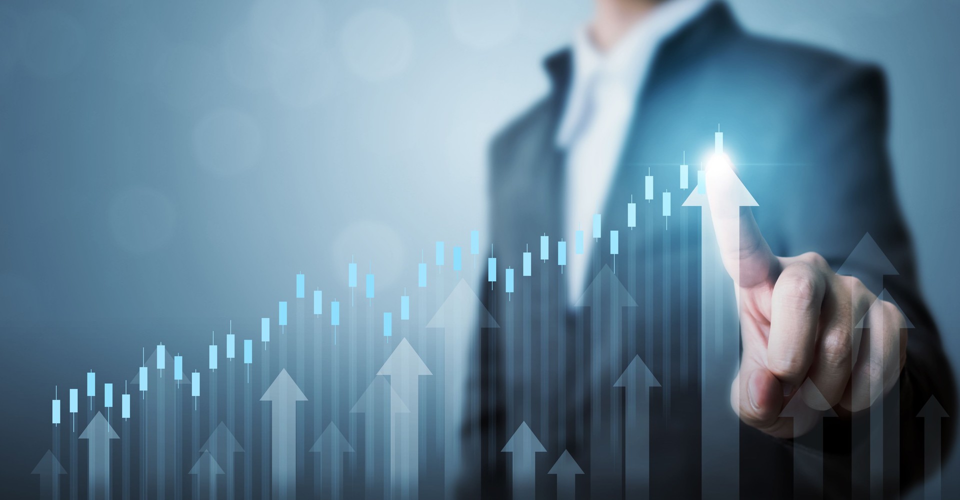 Business development to success and growing annual revenue growth concept, Businessman pointing arrow graph corporate future growth plan